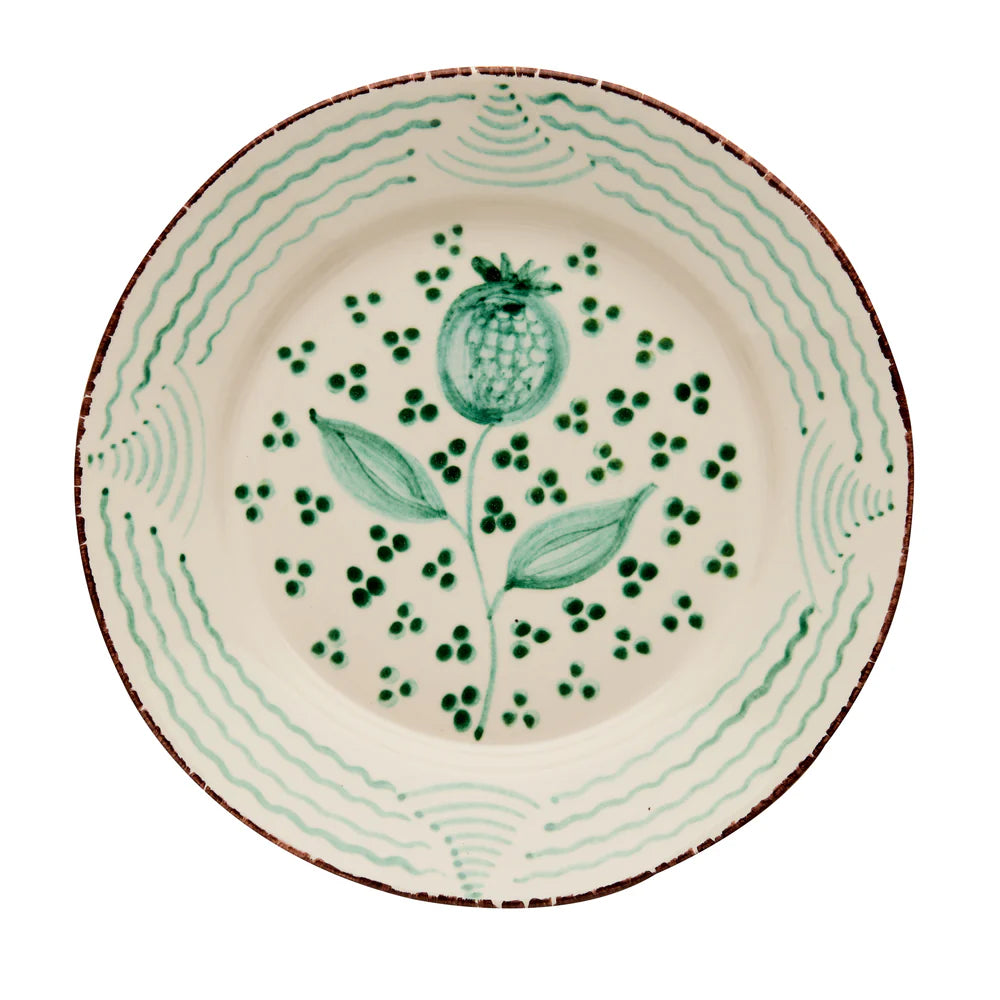 Casa Nuno Green and White Dinner Plate, Pomegranate and Waves