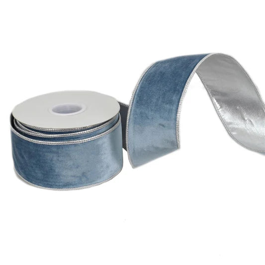 Blue Gray Velvet Ribbon with Silver Trim