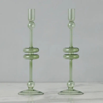 Glass Pair of Sage Candlesticks