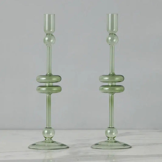 Glass Pair of Sage Candlesticks