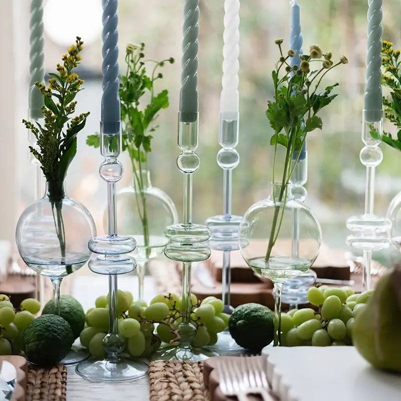 Glass Pair of Sage Candlesticks