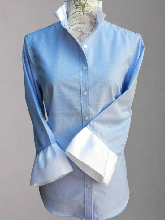 Blue & White Scarlett Oxford Ribbon Trim 3/4 Sleeve Button Up