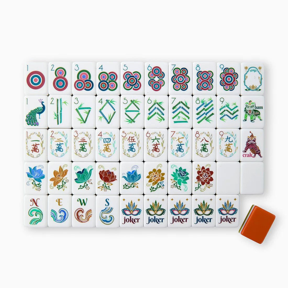 Set of colorful mahjong tiles with jokers on a white background