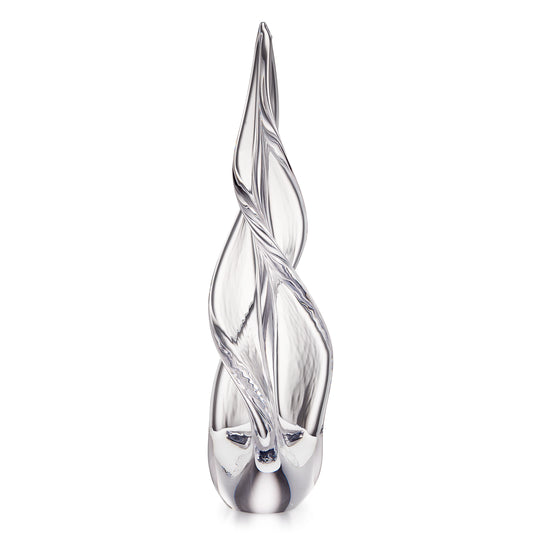 A modern, sculptural glass evergreen with a twisted, flame-like form, set against a solid white background.