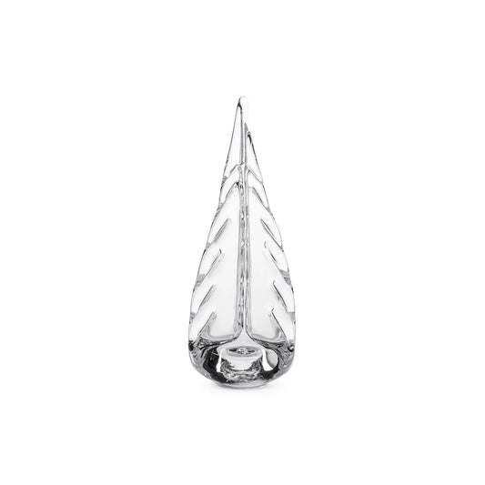 A clear glass decorative evergreen tree with a pointed top and leaf-like cutout pattern.