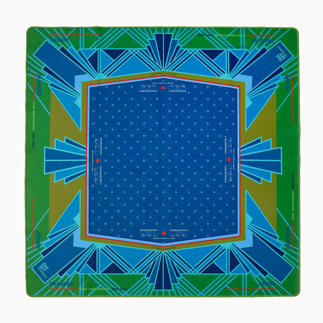 Colorful mahjong mat featuring vibrant Kelly and olive greens, royal blues, and subtle aqua and hot pink accents.