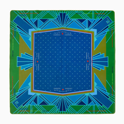 Colorful mahjong mat featuring vibrant Kelly and olive greens, royal blues, and subtle aqua and hot pink accents.