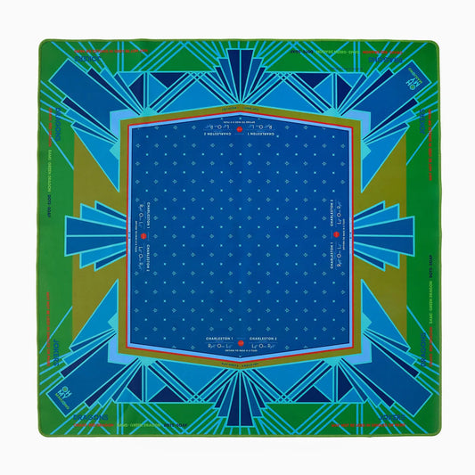 Colorful mahjong mat featuring vibrant Kelly and olive greens, royal blues, and subtle aqua and hot pink accents.