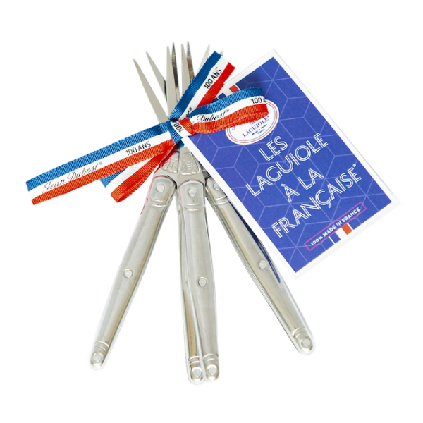 Set of silver pliers with red and blue ribbons and a blue card on a white background