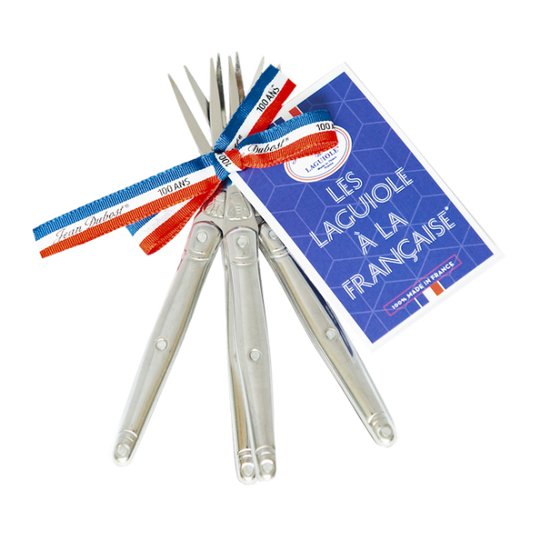 Set of silver pliers with red and blue ribbons and a blue card on a white background