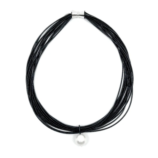 Black Multi Strand Necklace with White Mop Drop Pearl