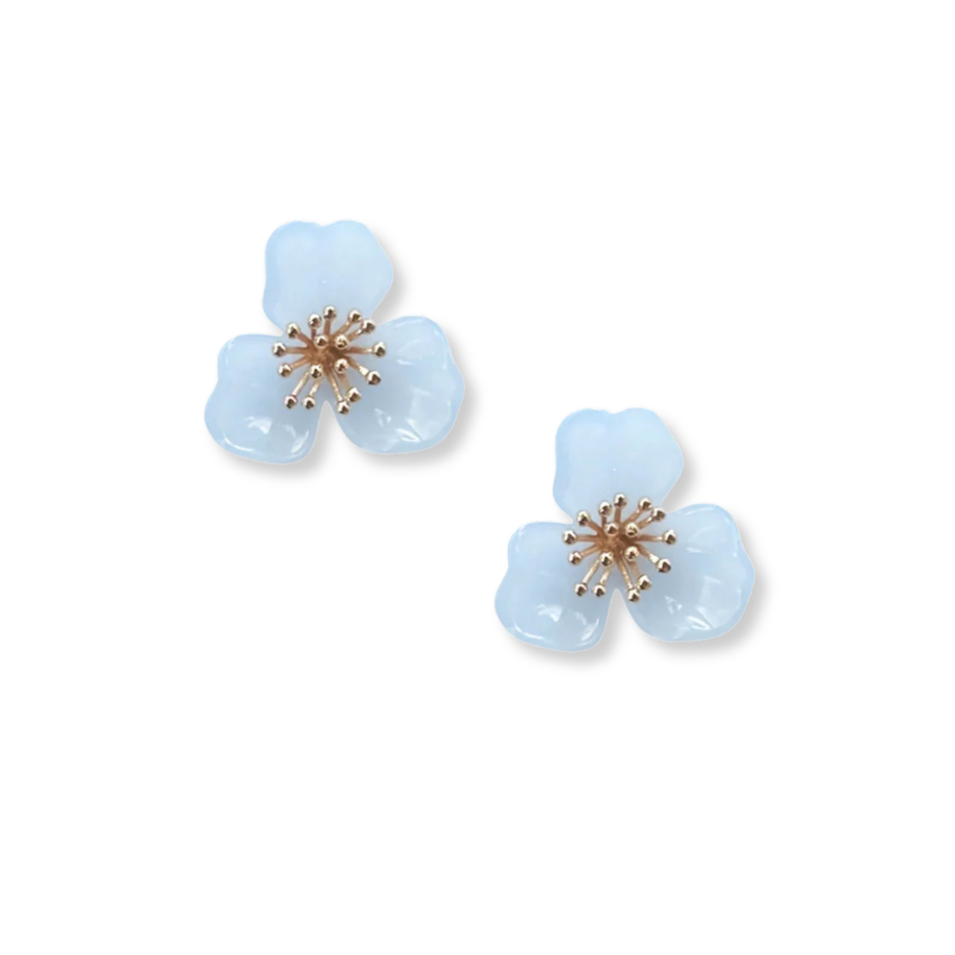 Floral earrings light powder blue on a white background