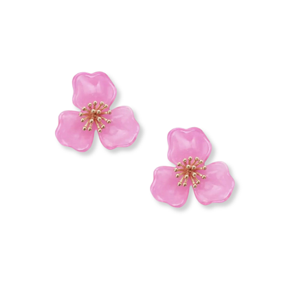 Pink flower-shaped earrings with gold centers on a white background