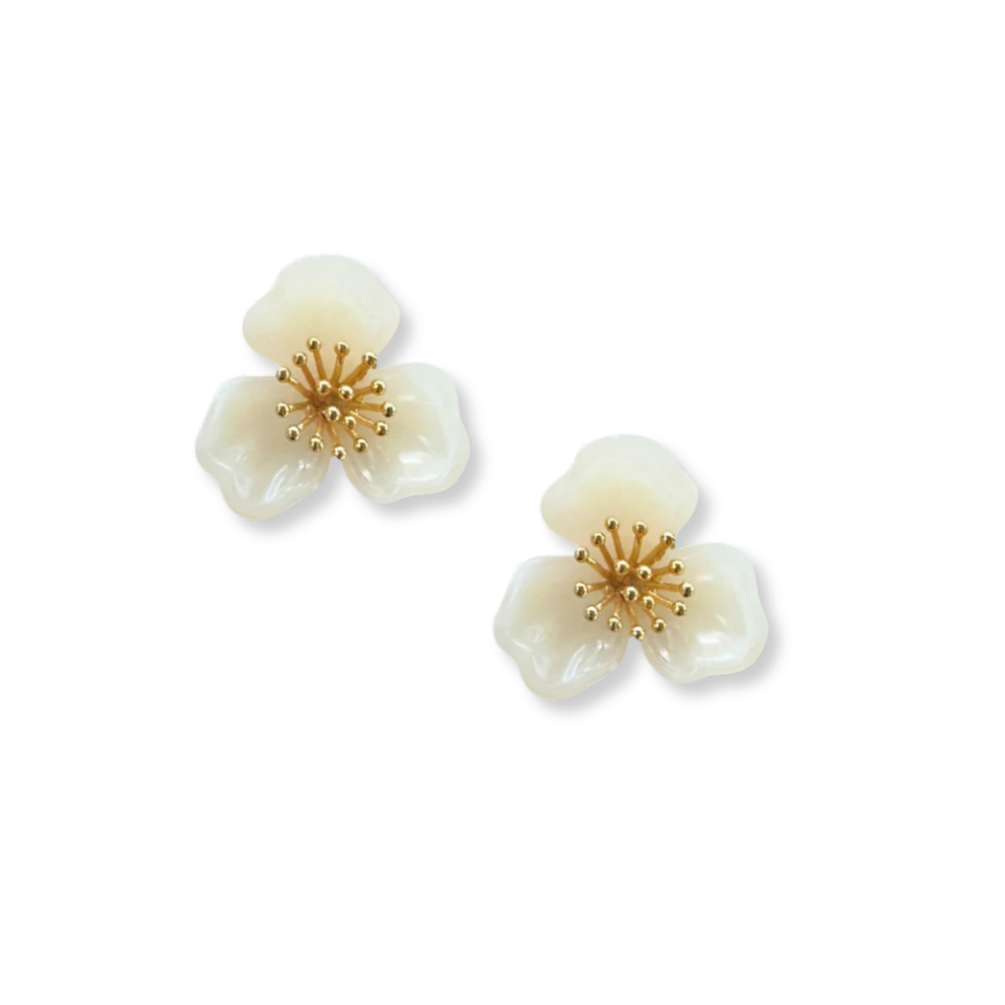 Floral earrings with gold centers on a white background