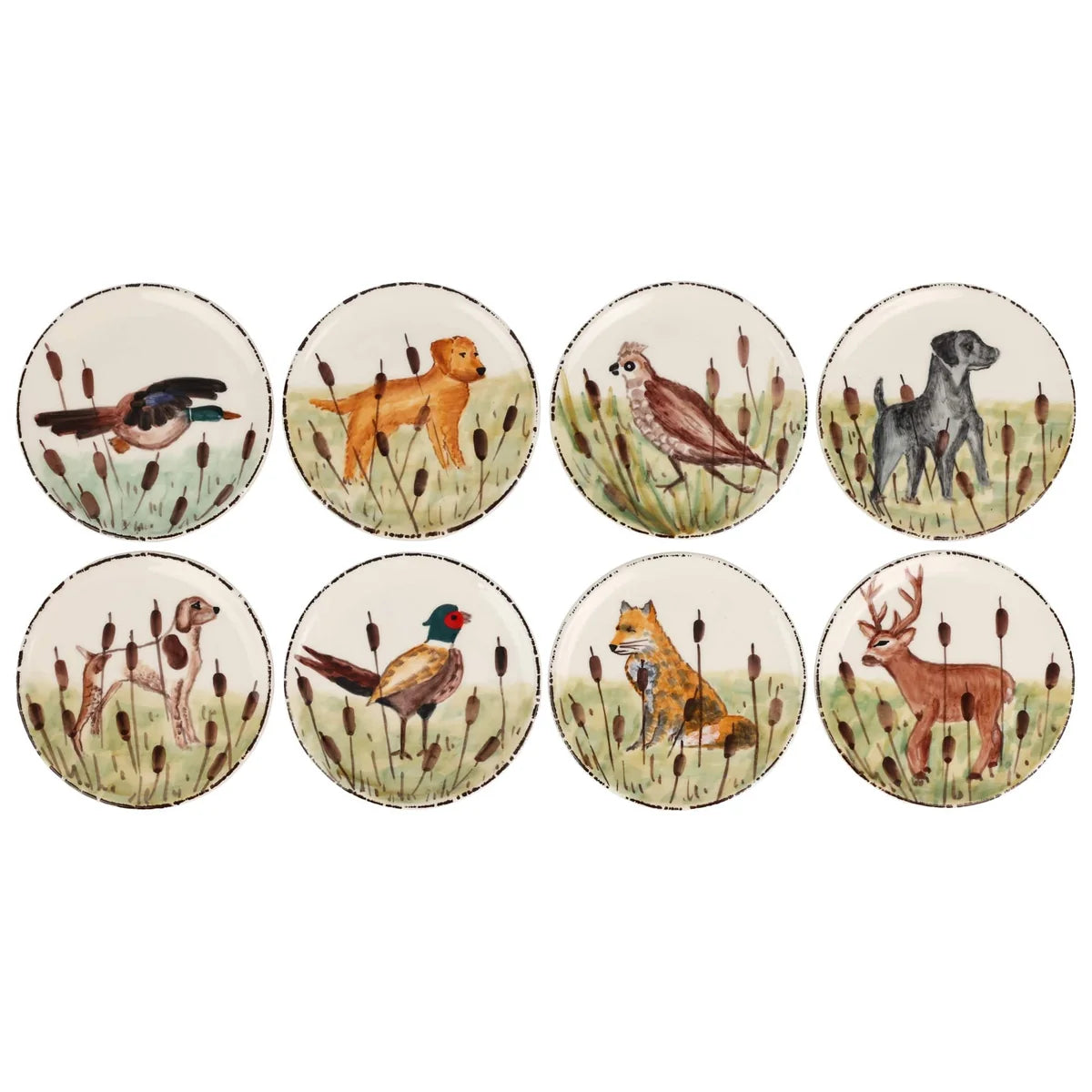 Eight round decorative plates, each featuring a different wildlife illustration such as birds, dogs, a fox, and a deer in a marsh scene.