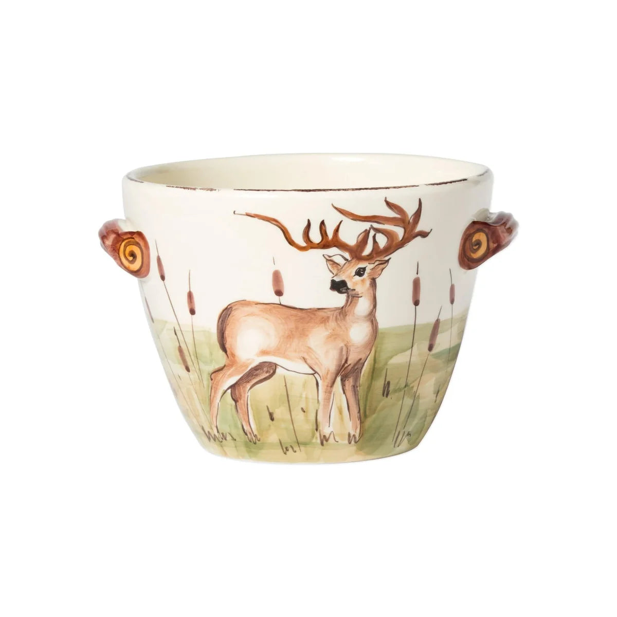 Decorative pot with a deer design on a white background