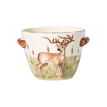 Decorative pot with a deer design on a white background