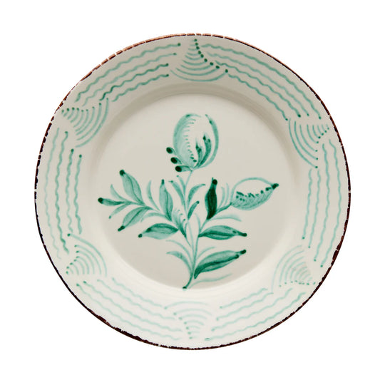 Casa Nuno Green and White Dinner Plate, 3 Flowers and Waves