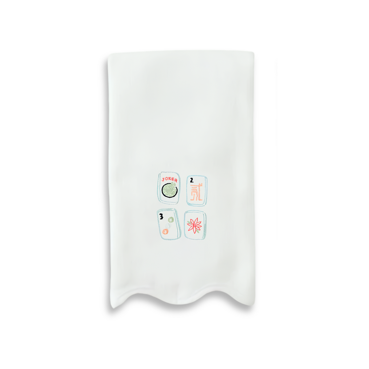 A white fabric tea towel with a small graphic of four stylized mahjong tiles printed in the center, set against a plain white background.