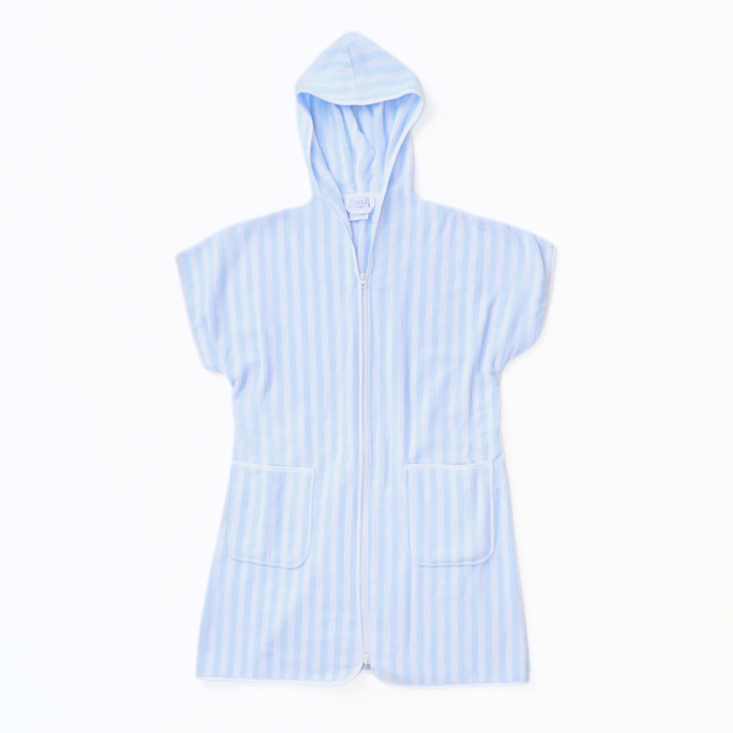 Blue hooded, short-sleeve cover up on a white background