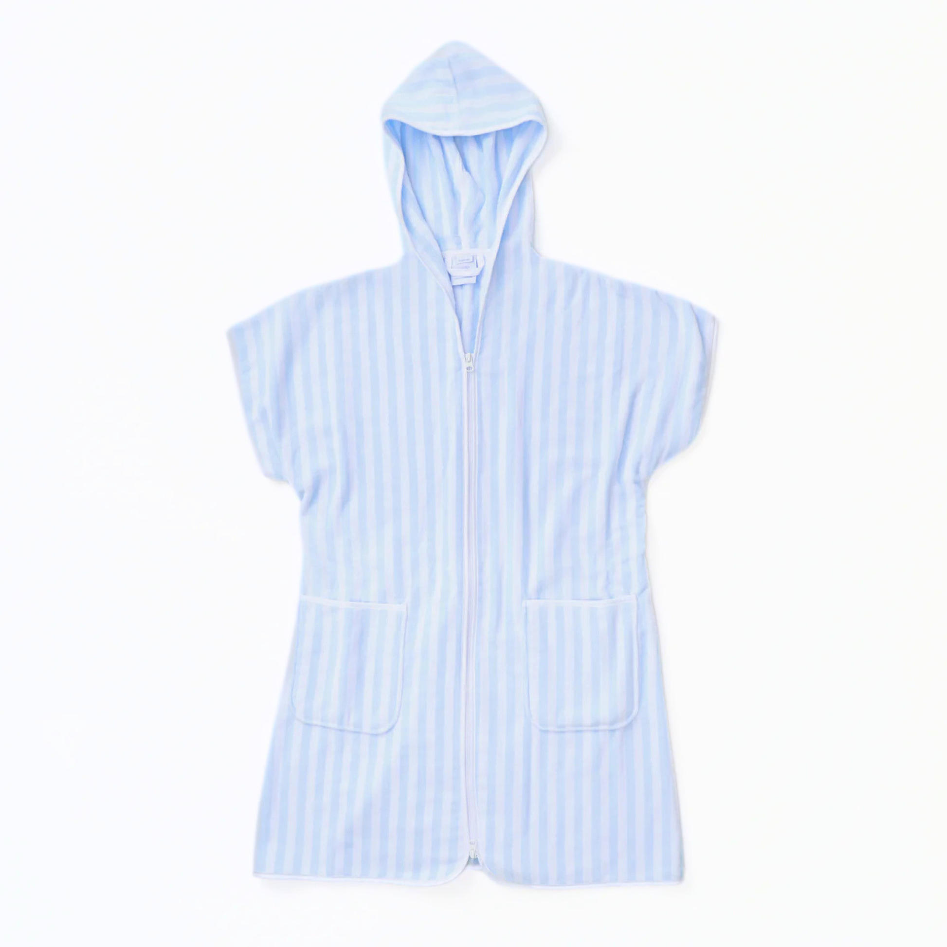 Blue hooded, short-sleeve cover up on a white background