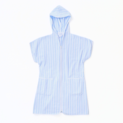 Blue hooded, short-sleeve cover up on a white background