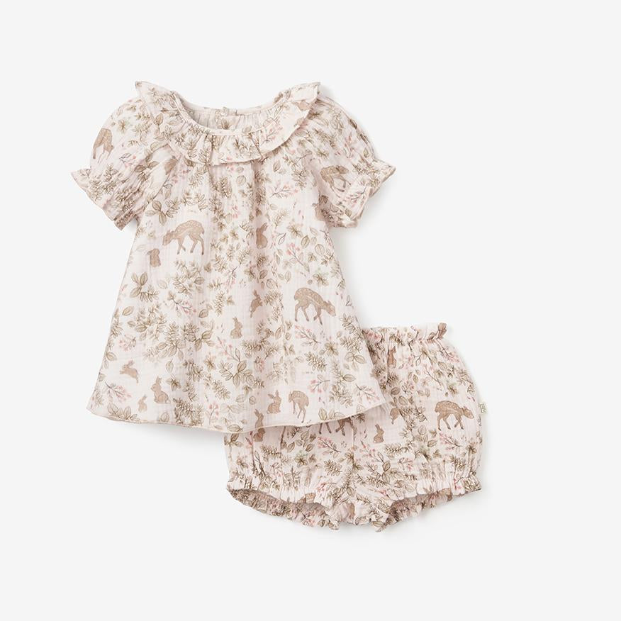 Elegant Baby Woodland Print Organic Muslin Collard Dress & Bloomer Set