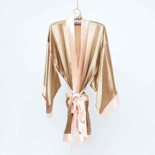 Branché 100% Silk Geisha Robe - Toffee with Blush Trim