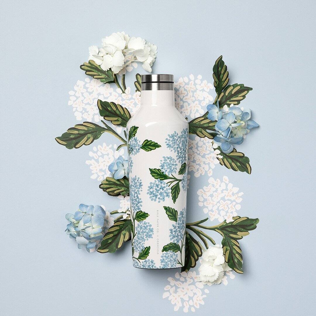 Corkcicle Rifle Paper Co. 16 oz Canteen - Gloss Cream Hydrangea