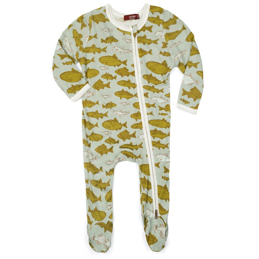 Milkbarn Zipper Footed Romper - Blue Fish (Bamboo) 3-6M