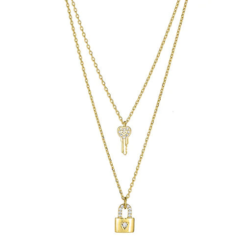 Lock & Key Double Layered Necklace Yellow Gold
