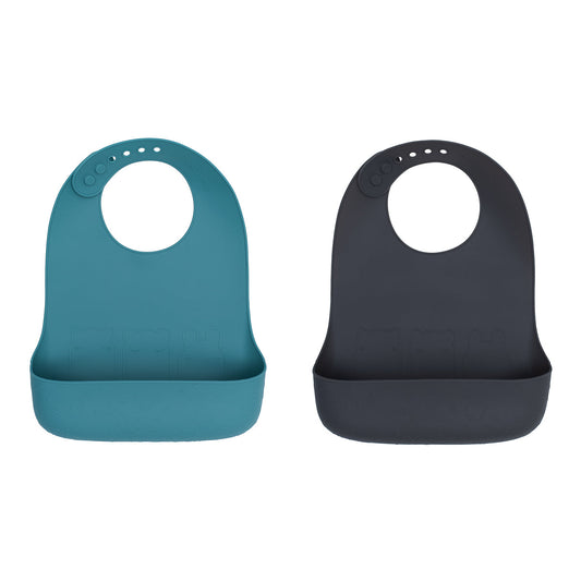 Baby Silicone Catchie Bibs Set of 2 Blue Dusk & Charcoal