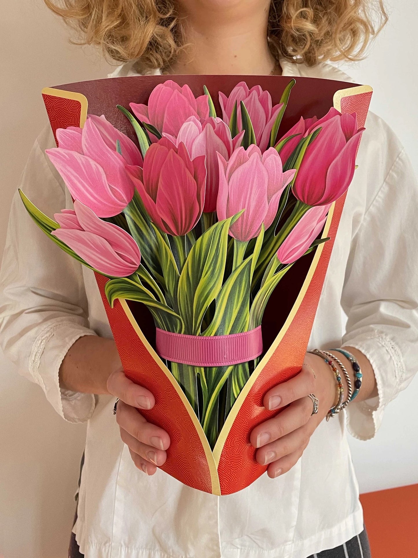 Fresh Cut Paper Pink Tulip Pop Up Greeting Card