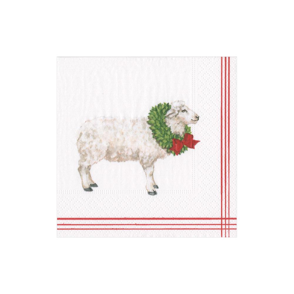 Caspari Sheep with Wreath Paper Cocktail Napkins in White - 20 Per Package