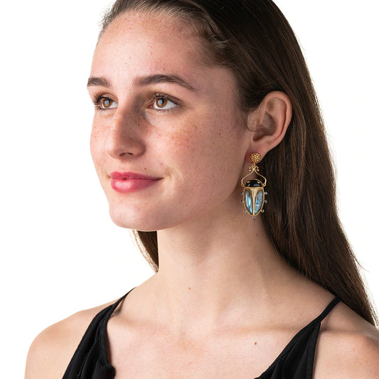 Capucine De Wulf Scarab Berry Drop Earrings in Blue Lab/Black Agate