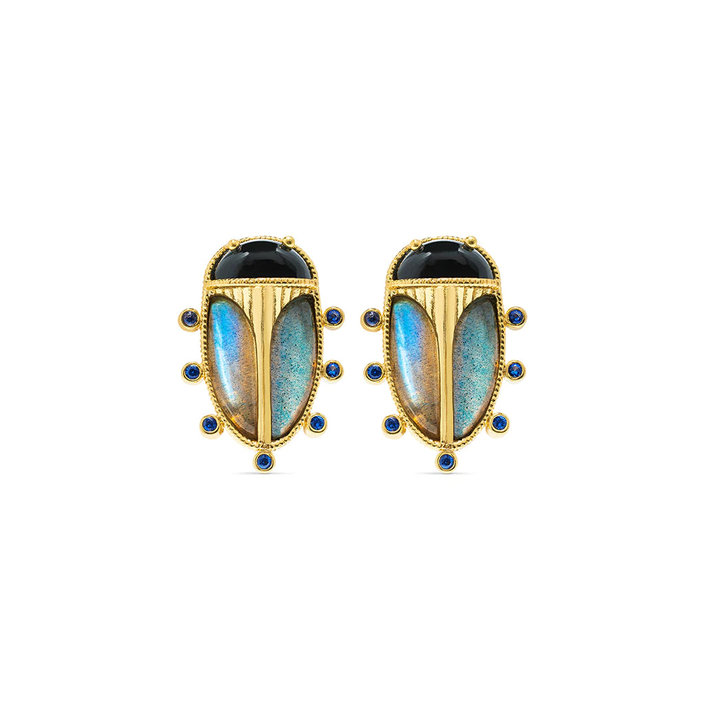 Capucine De Wulf Scarab Berry Clip Earrings in Blue Lab/Black Agate