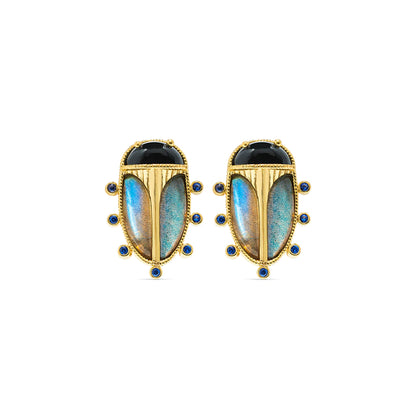 Capucine De Wulf Scarab Berry Clip Earrings in Blue Lab/Black Agate