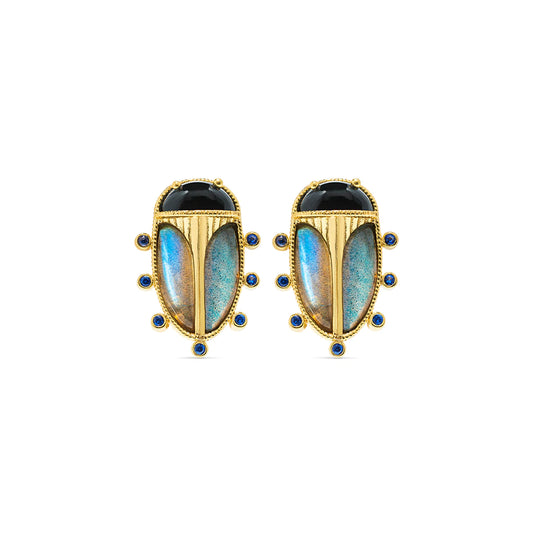Capucine De Wulf Scarab Berry Clip Earrings in Blue Lab/Black Agate