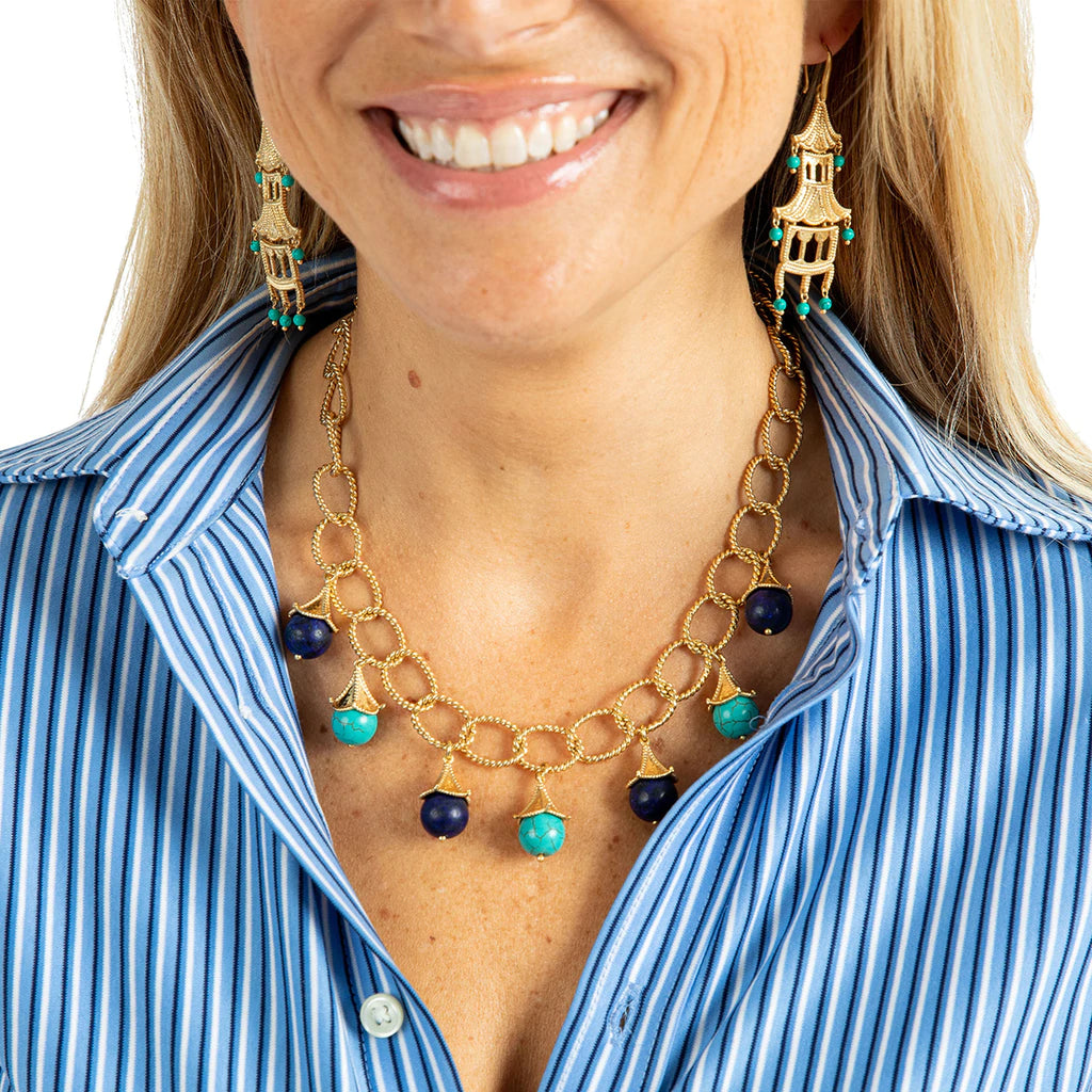 Capucine De Wulf Pagoda Bead necklace in Recon Lapis/Turquoise