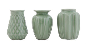Jade Green Stoneware Vase Set w/ Crackle Glaze Finish