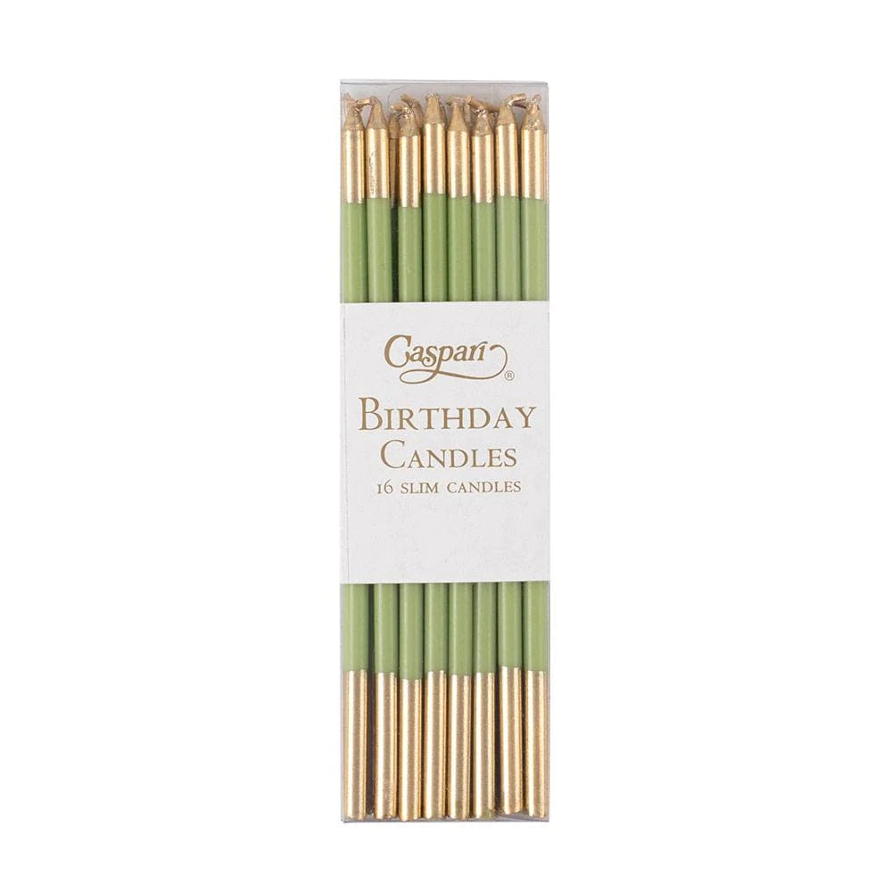 Caspari Slim Birthday Candles Moss Green and Gold 16 Count