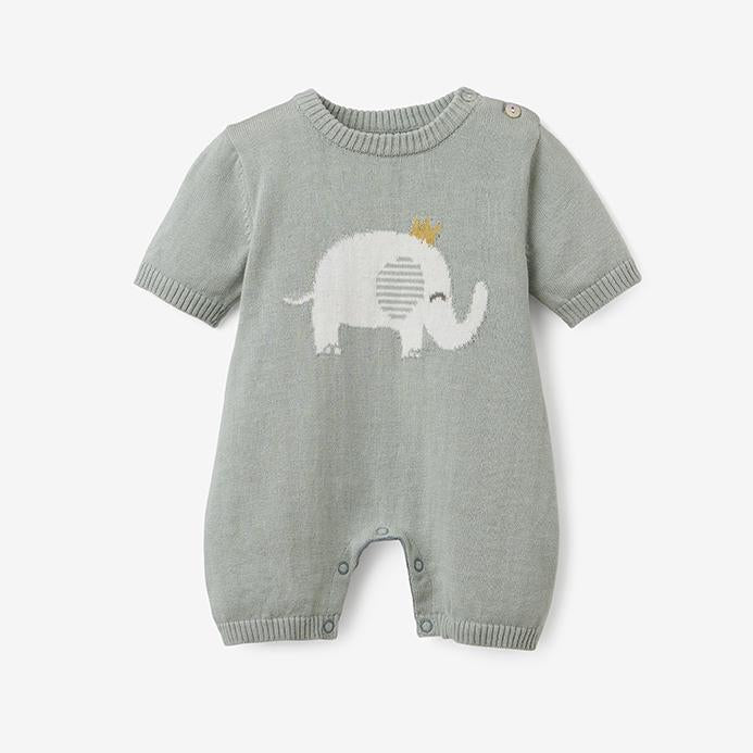 Elegant Baby Prince Elephant Knit Shortall Baby Romper