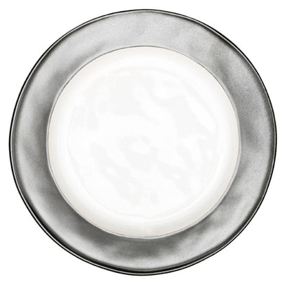 A white, ceramic plate with a pewter-looking rim