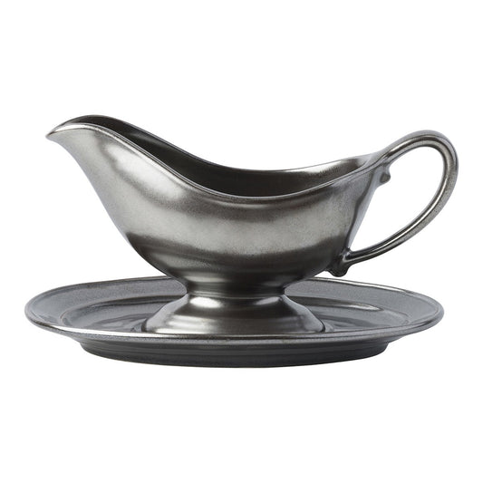 Juliska Pewter Stoneware Sauce Boat & Stand