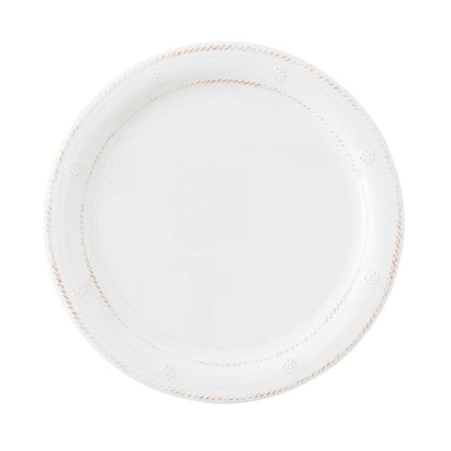 A white melamine dinner plate with the Berry & Thread motif trim