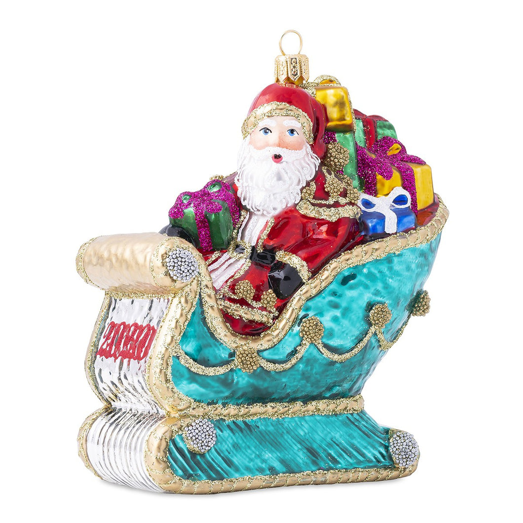 Juliska Berry & Thread 2020 Santa in Sleigh Glass Ornament