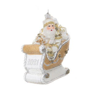 Juliska Berry & Thread Gold & Silver 2021 Santa in Sleigh Glass Ornament
